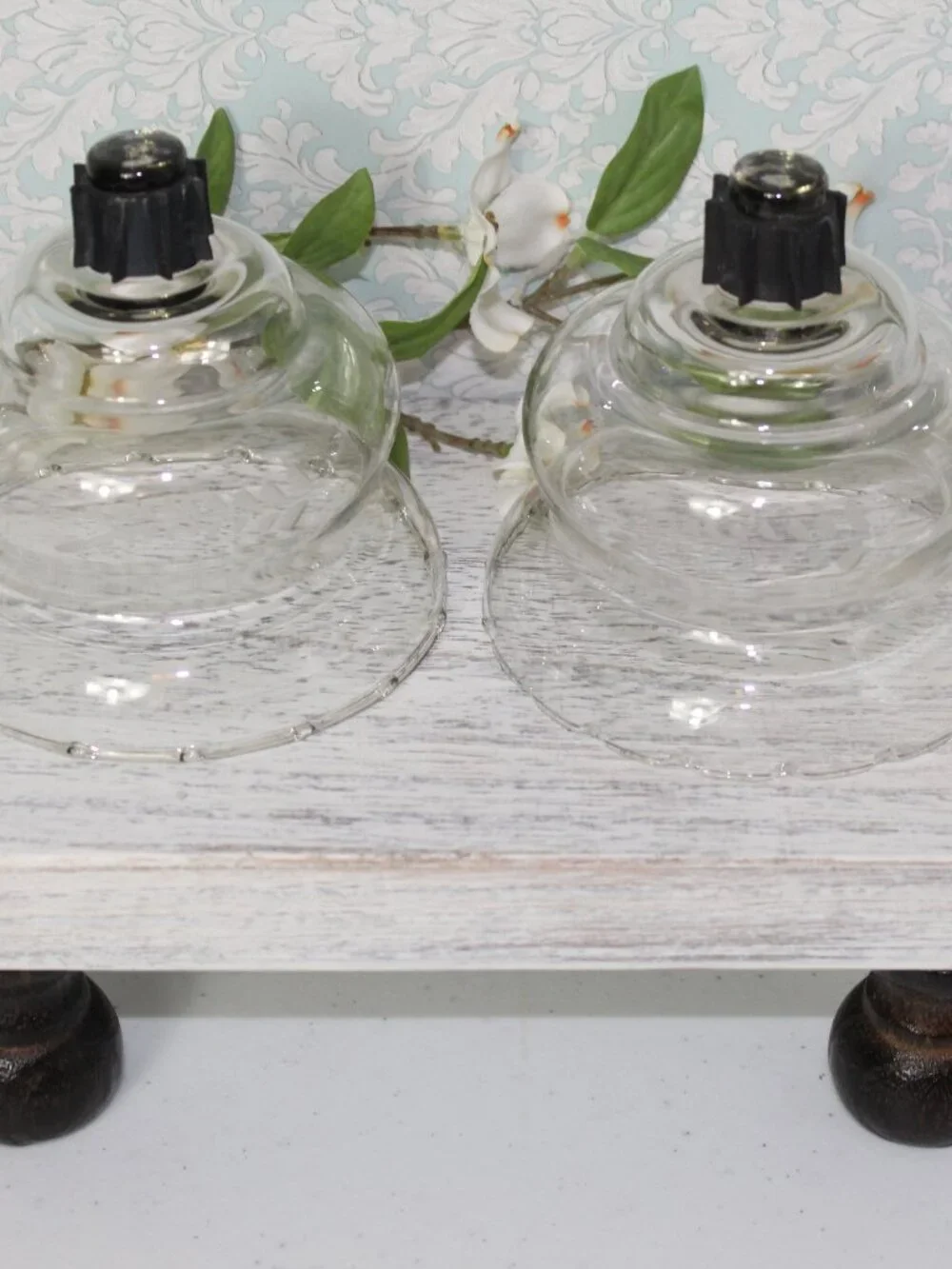 HOMCO HOME INTERIORS Pair of Clear Glass Squatty Crimped Peg Candleholders